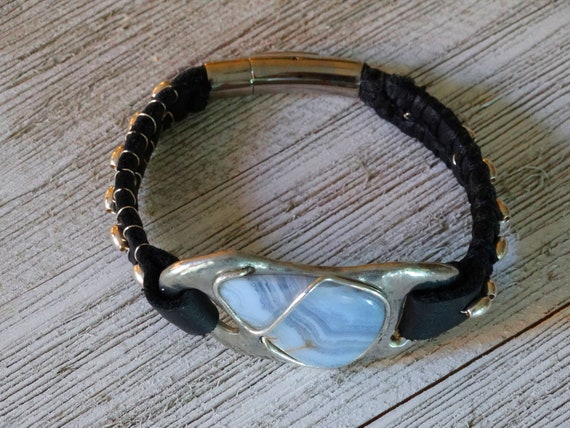 Unique leather bracelet banded agate stone, set in freeform pewter focal piece