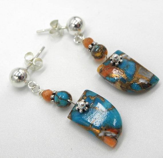 Turquoise, spiny oyster and copper shark tooth earrings with elegant silver ear wires