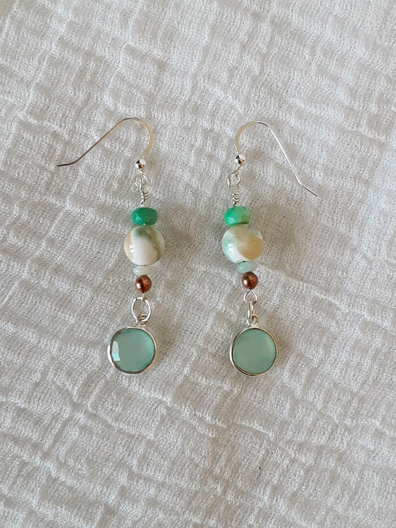 Chalcedony, shell, sterling silver and copper earrings