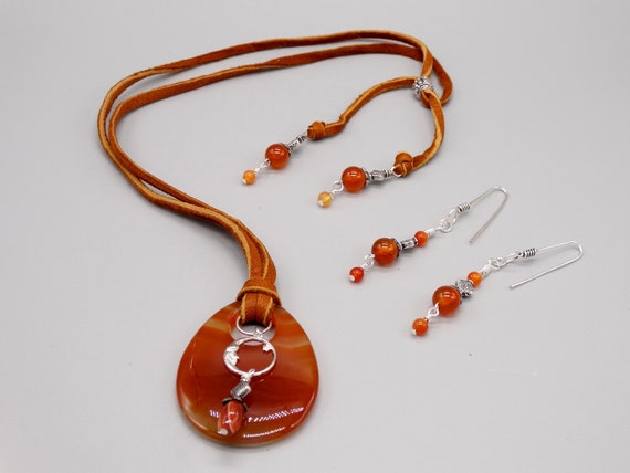SET: Carnelian, silver and leather adjustable necklace with carnelian and silver earrings