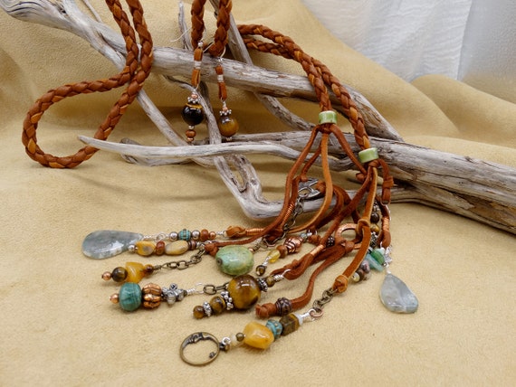 SET: One-of-a kind lariat and earrings set, festooned with gemstonejus, copper, silver, brass and pewter beads