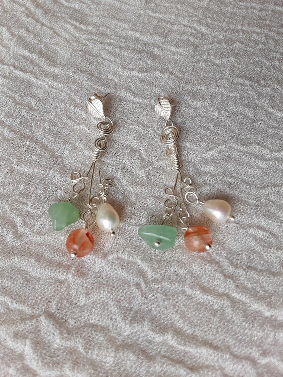 Sterling silver earrings of pearl, peach and green gemstones and sterling silver