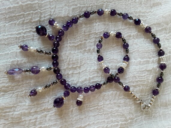Amethyst, Silver and Pearl Necklace