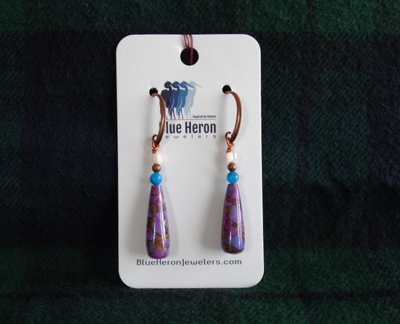 Mohave purple turquoise drop earrings with mother of pearl, turquoise beads and copper ear wires