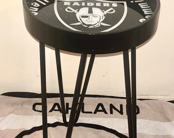 Las Vegas Raiders Handmade NFL Wood Top Side Table with Metal Hairpin Legs