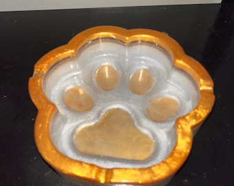 Pet Paw Large Handmade Resin Keepsake / Ash Tray in Gold Trim & White Pearl Design