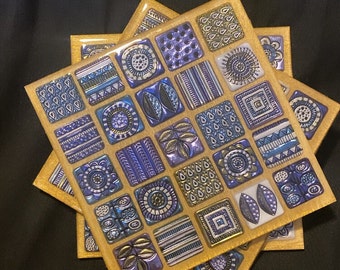 4pc Set Gold & Blue/Purple Moroccan Tile Style Handmade Wooden Resin Coasters