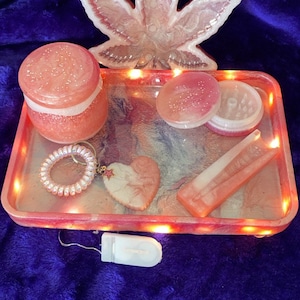 6pc Handmade Resin Light Up Rolling Tray Set with MJ Ashtray, Stash Jar, Grinder, Holder & Heart Keychain image 1