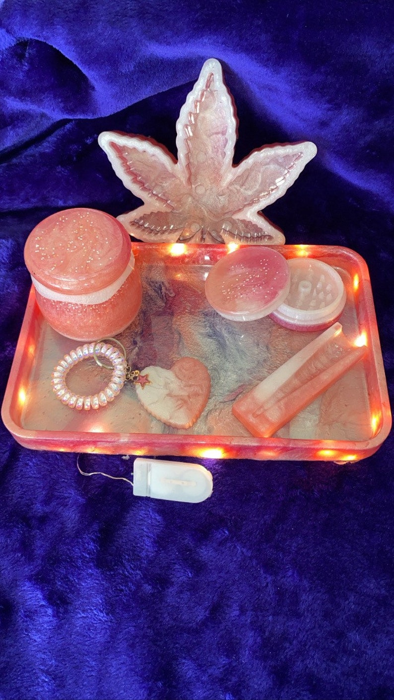 6pc Handmade Resin Light Up Rolling Tray Set with MJ Ashtray, Stash Jar, Grinder, Holder & Heart Keychain image 1