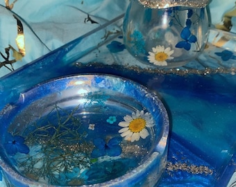 3pc Blue Flowers Rolling Tray Set