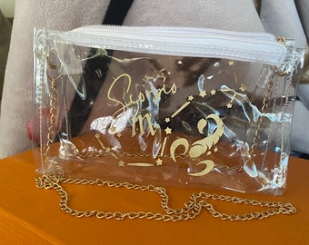 Handmade Zodiac Cosmetic Bags / Clear Purses with Zipper Closure & Gold Carrying Chain