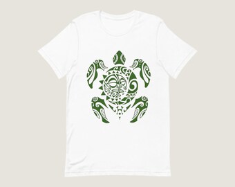 Green Tribal Turtle on White Unisex Tshirt