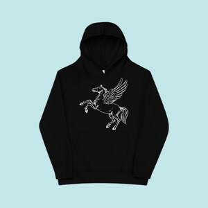 Youth White Pegagus on Black Hoodie