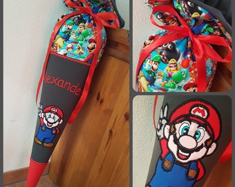 Super Mario-Schultüte genäht aus Sweatstoffen, Zuckertüte zum Kissen, Nintendo