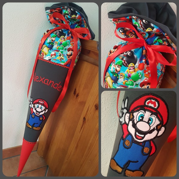 Super Mario-Schultüte genäht aus Sweatstoffen, Zuckertüte zum Kissen, Nintendo
