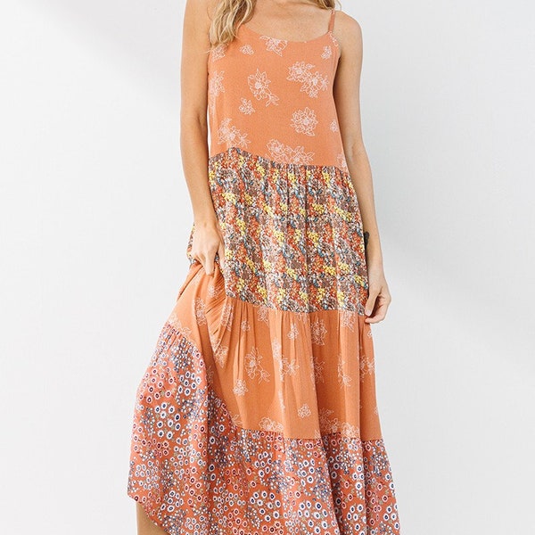 Floral Color Block Tiered Maxi Dress