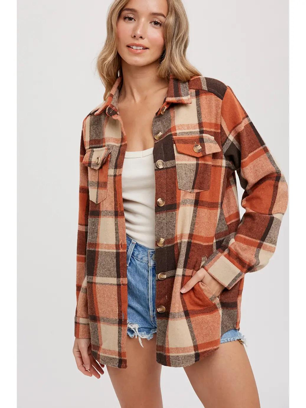 Grey Plaid Button Up Collared Flannel Shacket