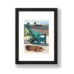 Coastal Art Print, Lounging Dog on Beach, Unframed Giclée, Sunny Vacation Vibes