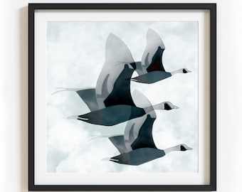 Minimalistic Flying Geese Art Print, Unframed Gray Geese Giclée Art Print, Modern Wall Decor