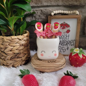 Mini Strawberry Wooden Spoons/Strawberry Décor/ Strawberry Tiered Tray/Faux Marshmallow Spoons
