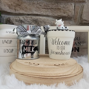 Farmhouse Tiered Tray Decor Set: Mini Milk Can & Cow Pot
