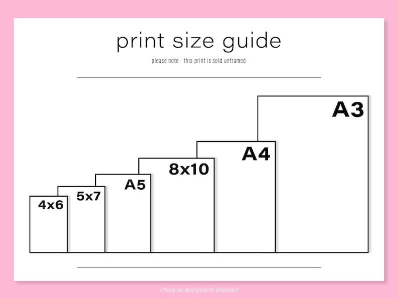 May include: A print size guide with six different sizes: 4x6, 5x7, A5, 8x10, A4, and A3. The print is sold unframed.