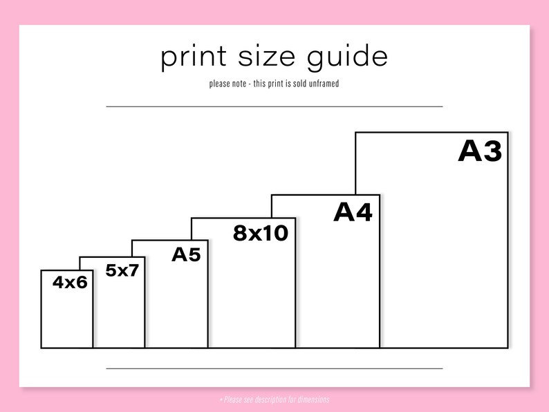 May include: A print size guide with six different sizes: 4x6, 5x7, A5, 8x10, A4, and A3. The print is sold unframed.