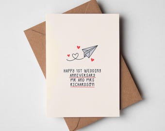 1st Wedding Anniversary Personalised Card - Happy First Anniversary, One Year Married Couple Card, Happy Paper Anniversary
