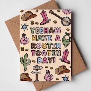 Cowgirl Birthday Card - Yeehaw Greeting Card, Cowboy Birthday Card, Cowboy Boots Card, Western Illustration Greetings Card, Colourful Cards
