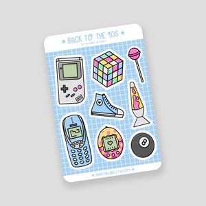 May include: A sticker sheet with a light blue grid pattern featuring colorful 90s-themed illustrations. Includes a Rubik's Cube, a Game Boy, a high-top sneaker, a lava lamp, a cell phone, a Tamagotchi, a lollipop, and an 8-ball. Text reads "BACK TO THE 90S".