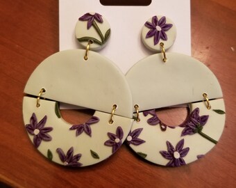 Handmade Polymer Clay Earrings - Nickel Free - Mint Green with Purple Flowers
