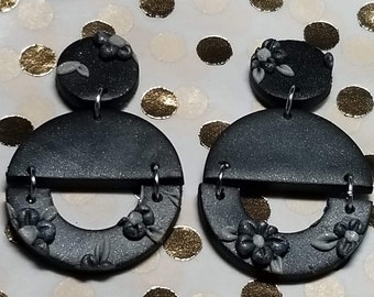 Handmade Polymer Clay Earrings - Nickel Free - gunmetal gray with flowers