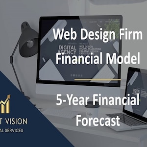 Könnte beinhalten: Ein Computerbildschirm zeigt eine Website für eine Webdesignfirma mit dem Text "Web Design Firm" und "Digital Agency" und "Financial Model". Ein Laptop-Computer steht im Vordergrund mit dem Text "5-Year Financial Forecast" und "Digital Agency" auf dem Bildschirm. Der Text "PROFIT VISION FINANCIAL SERVICES" befindet sich in der linken unteren Ecke des Bildes.