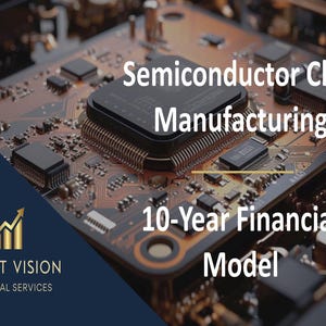 May include: A close-up image of a semiconductor chip circuit board. The text "Semiconductor Chip Manufacturing 10-Year Financial Model" is displayed on the image. The Profit Vision logo is in the lower left corner of the image.