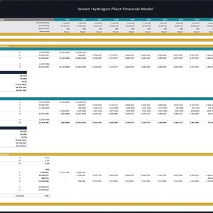 May include: A spreadsheet displaying a financial model for a green hydrogen plant. The spreadsheet outlines the cash flow and project returns for the plant, encompassing development, operations, and project level cash flows and returns. The spreadsheet also presents the levelized cost of hydrogen (LCOH) and the discounting rate.
