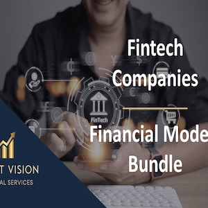 Pode incluir: Uma pessoa usando um smartphone com uma sobreposição digital que mostra ícones financeiros e o texto "Fintech Companies Financial Models Bundle".