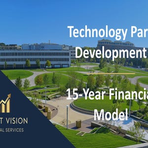 May include: Image of a technology park development with a 15-year financial model. The image shows a modern building, green spaces, and the Profit Vision Financial Services logo.