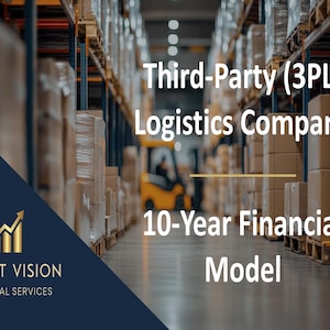 May include: A warehouse with stacked boxes and a forklift in the middle of the aisle. The text "Third-Party (3PL) Logistics Company 10-Year Financial Model" is displayed on the image. The image also includes a logo for Profit Vision Financial Services.