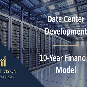 May include: A row of server racks in a data centre with the text "Data Centre Development 10-Year Financial Model" above the racks. The image is from Profit Vision Financial Services.