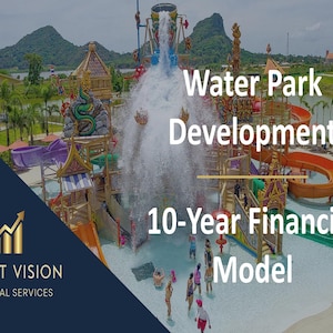 Könnte beinhalten: Ein farbenfroher Wasserpark mit einer großen Wasserrutsche und einem hohen Bauwerk mit einem Wassereimer. Der Text "Water Park Development 10-Year Financial Model" ist auf dem Bild zu sehen.