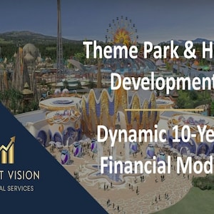 Könnte beinhalten: Eine Luftaufnahme eines farbenfrohen Themenparks und Hotelkomplexes mit einem Riesenrad und einem großen, verzierten Gebäude im Vordergrund. Der Text "Theme Park & Hotel Development" und "Dynamic 10-Year Financial Model" ist auf dem Bild zu sehen. Das Logo von Profit Vision Financial Services befindet sich in der linken unteren Ecke.