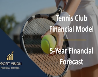 Op de afbeelding: Een tennisspeler houdt een gele tennisbal in zijn hand, met een tennisracket op de achtergrond. De tekst "Tennis Club Financial Model" en "5-Year Financial Forecast" wordt weergegeven op een donkerblauwe achtergrond met een gouden lijn.