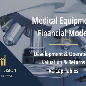 Könnte beinhalten: Ein Mikroskop mit zwei Objektiven im Fokus, vor einem blauen Hintergrund mit dem Text "Medizintechnik Finanzmodell", "Entwicklung & Betrieb", "Bewertung & Renditen" und "VC-Kapitaltabellen". Der Text "PROFIT VISION FINANCIAL SERVICES" befindet sich in der linken unteren Ecke.