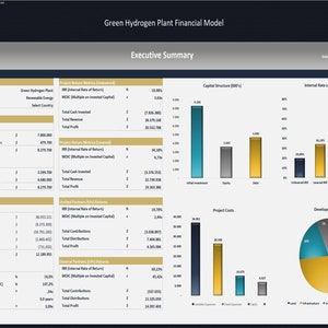 May include: A financial model for a green hydrogen plant, showing a bar chart of capital structure, a bar chart of internal rate of return, a pie chart of development costs, and a bar chart of project costs. The model includes a summary of project returns, limited partners returns, and general partners returns. The model also includes a summary of operations, key metrics, and a project summary.