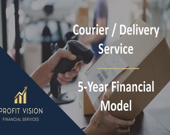 May include: A person scans a brown cardboard box with a barcode scanner. The text on the box reads "Courier / Delivery Service 5-Year Financial Model". The image is a promotional graphic for a financial services company called "Profit Vision".