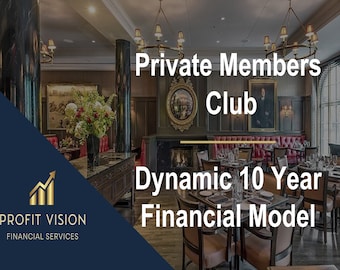 Op de afbeelding: Een foto van een eetkamer in een privéledenclub met een gouden bord waarop "Private Members Club" en "Dynamic 10 Year Financial Model" staat. De kamer heeft donker houten lambrisering, een open haard en een grote kroonluchter.