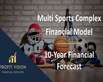 Op de afbeelding: Een financieel model voor een multisportcomplex met een 10-jarige financiële prognose. De afbeelding toont een verscheidenheid aan sportuitrusting, waaronder een voetbalhelm, een basketbal, een voetbal, een honkbalknuppel, een tennisracket en dumbbells. De afbeelding heeft een achtergrond van een bakstenen muur.