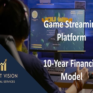 May include: A computer monitor displays a video game with the text Game Streaming Platform and 10-Year Financial Model overlaid. The screen shows a dark background with green graphical elements and a central game character, while a keyboard and mouse sit below.