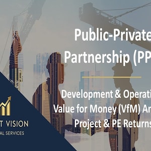 Könnte beinhalten: Eine Grafik mit einer Silhouette von zwei Personen, die sich vor einer Skyline einer Stadt die Hände schütteln. Der Text "Öffentlich-Private Partnerschaft (ÖPP)" befindet sich oben im Bild. Der Text "Entwicklung & Betrieb Wert für Geld (VfM) Analyse Projekt & PE-Renditen" befindet sich unten im Bild.