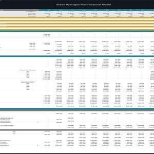 May include: A spreadsheet with a green and gold colour scheme titled "Green Hydrogen Plant Financial Model". The spreadsheet contains financial data for a green hydrogen plant, including cash flow, project returns, equity and depreciation, and operating income and taxes.